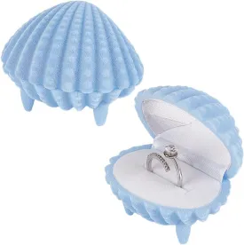 2 Pcs Velvet Ring Box, Clam Shell Shaped Ring Box Display Holder Ring Gift Storage Box for Proposal Engagement Wedding Ceremony Anniversary, Light Blue