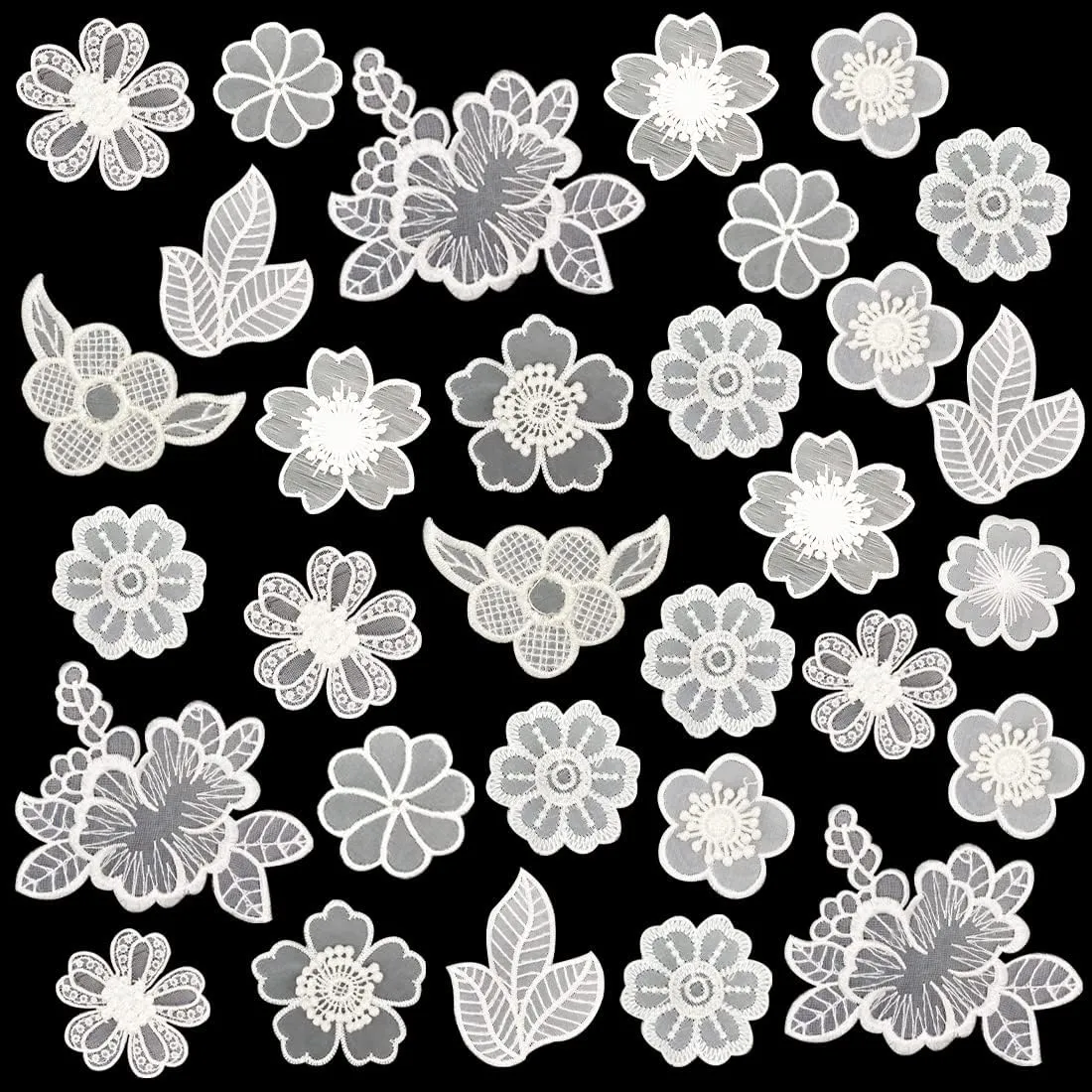30 PCS Lace Flowers Applique Embroidery Flowers Leaf Sew Iron On Patch, Organza Patches for Wedding Bridal Dress Sewing Craft DIY Clothes Hair Ornaments (White)