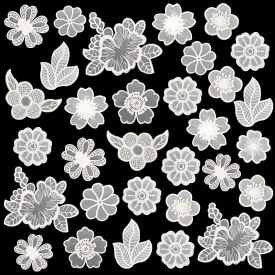 30 PCS Lace Flowers Applique Embroidery Flowers Leaf Sew Iron On Patch, Organza Patches for Wedding Bridal Dress Sewing Craft DIY Clothes Hair Ornaments (White)