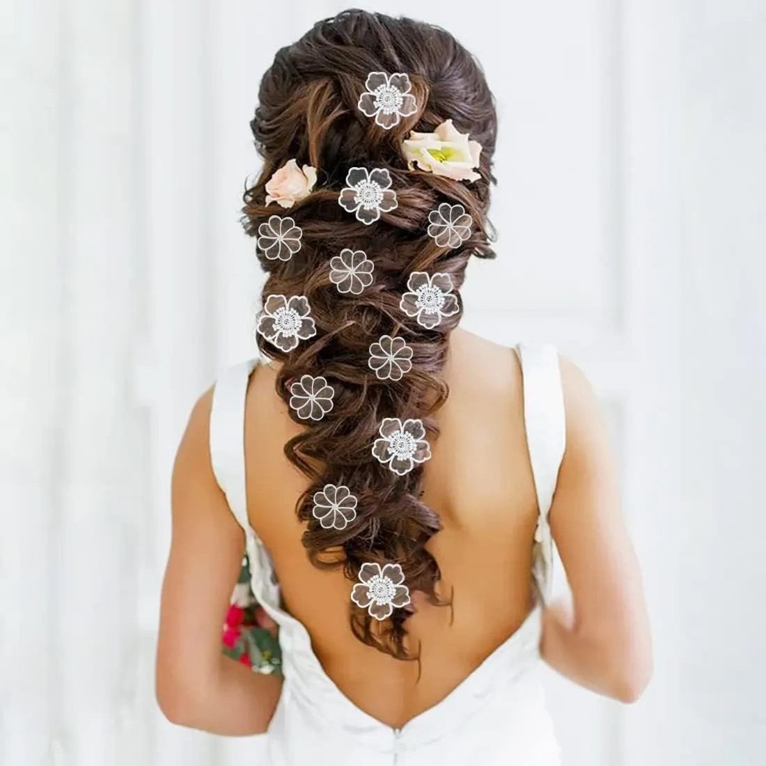 30 PCS Lace Flowers Applique Embroidery Flowers Leaf Sew Iron On Patch, Organza Patches for Wedding Bridal Dress Sewing Craft DIY Clothes Hair Ornaments (White)