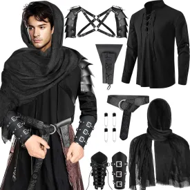 7 Pcs Men's Renaissance Costume Set Medieval Pirate Shirt Viking Shawl Belt Shoulder Armor Sword Bag Cosplay (Medium)