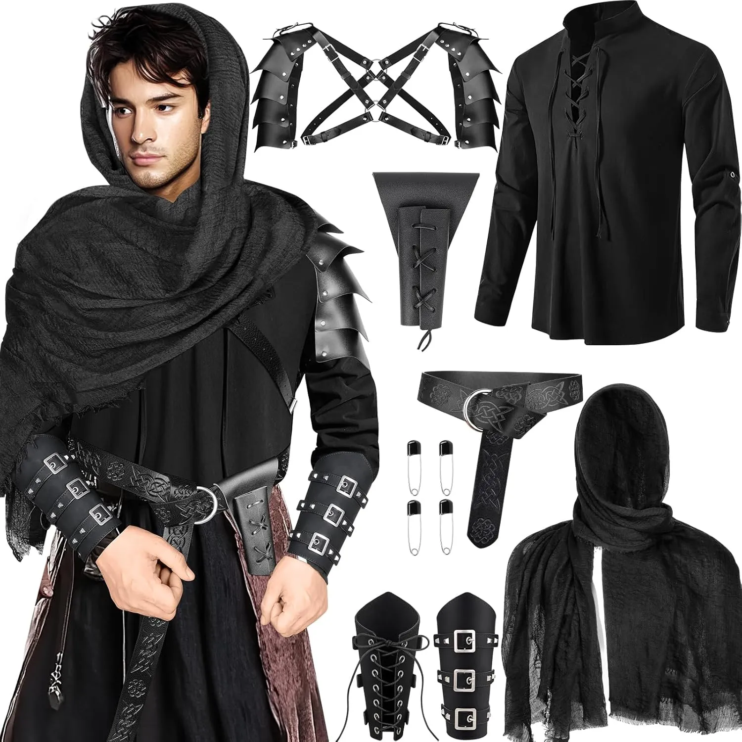 7 Pcs Men's Renaissance Costume Set Medieval Pirate Shirt Viking Shawl Belt Shoulder Armor Sword Bag Cosplay (Medium)