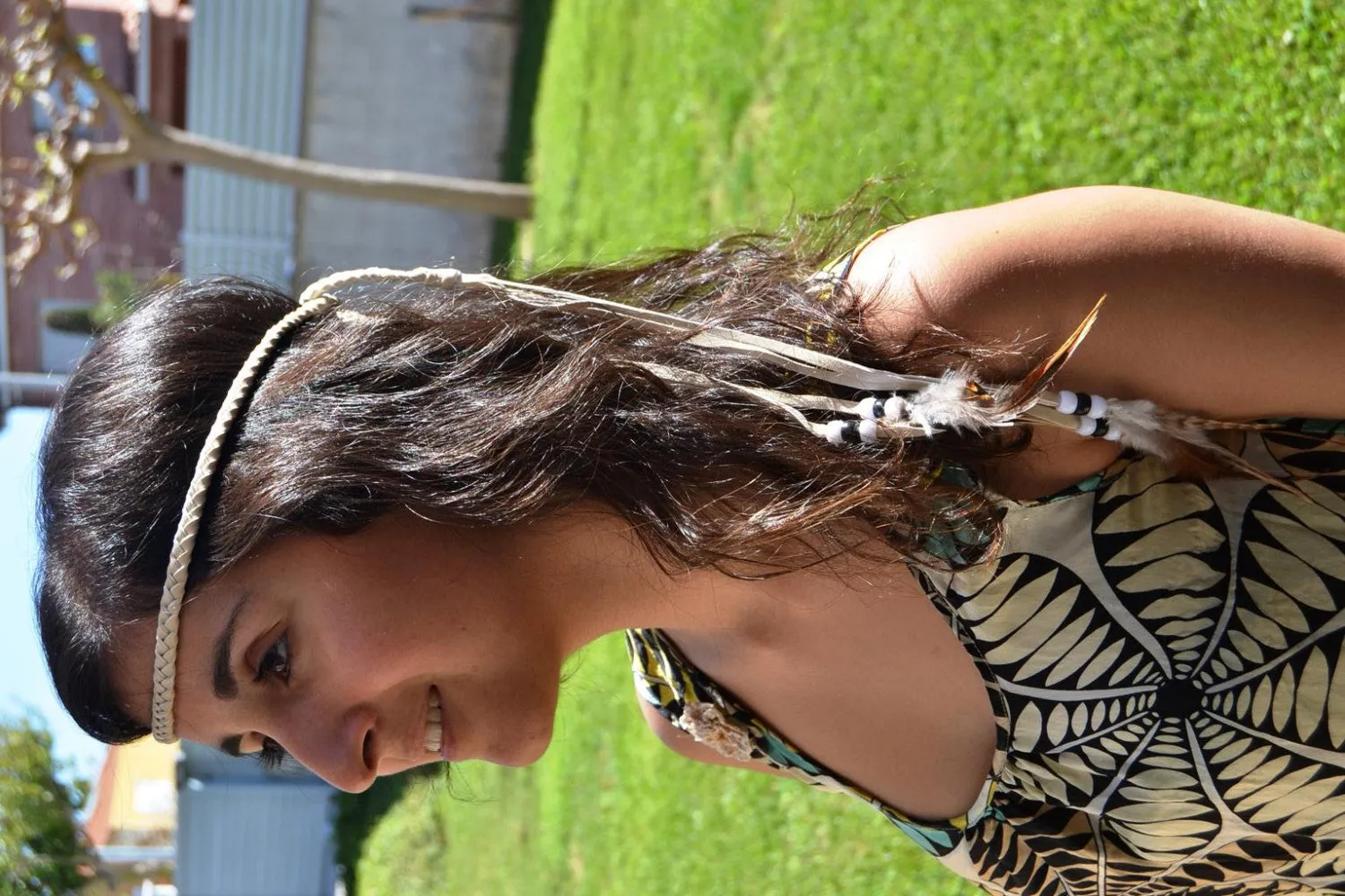 BE5-Beige Braided leather Belt or Headband with feathers, plaited suede belt with feathers