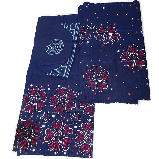 Celebrant Navy Blue Mixed Aso Oke African Nigerian Gele Ipele Men Fila Cap Veil Bridal Instock UK Delivery