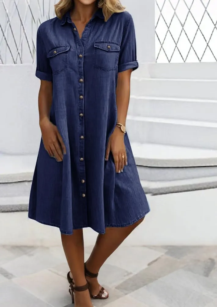 chouyatou Women's Summer Short Sleeve Denim Shirt Dress Business Casual Button Down Midi Long Jean Dress