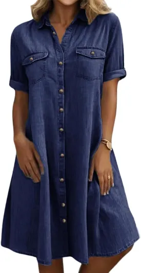 chouyatou Women's Summer Short Sleeve Denim Shirt Dress Business Casual Button Down Midi Long Jean Dress