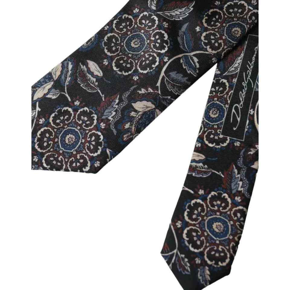Dolce & Gabbana Black Floral Pattern Silk Adjustable Men Tie
