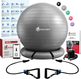 INTENT SPORTS Yoga Ball Chair  Stability Ball with Inflatable Stability Base & Resistance Bands, Fitness Ball for Home Gym, Office, Improves Back Pain, Core, Posture & Balance (65 Cm)