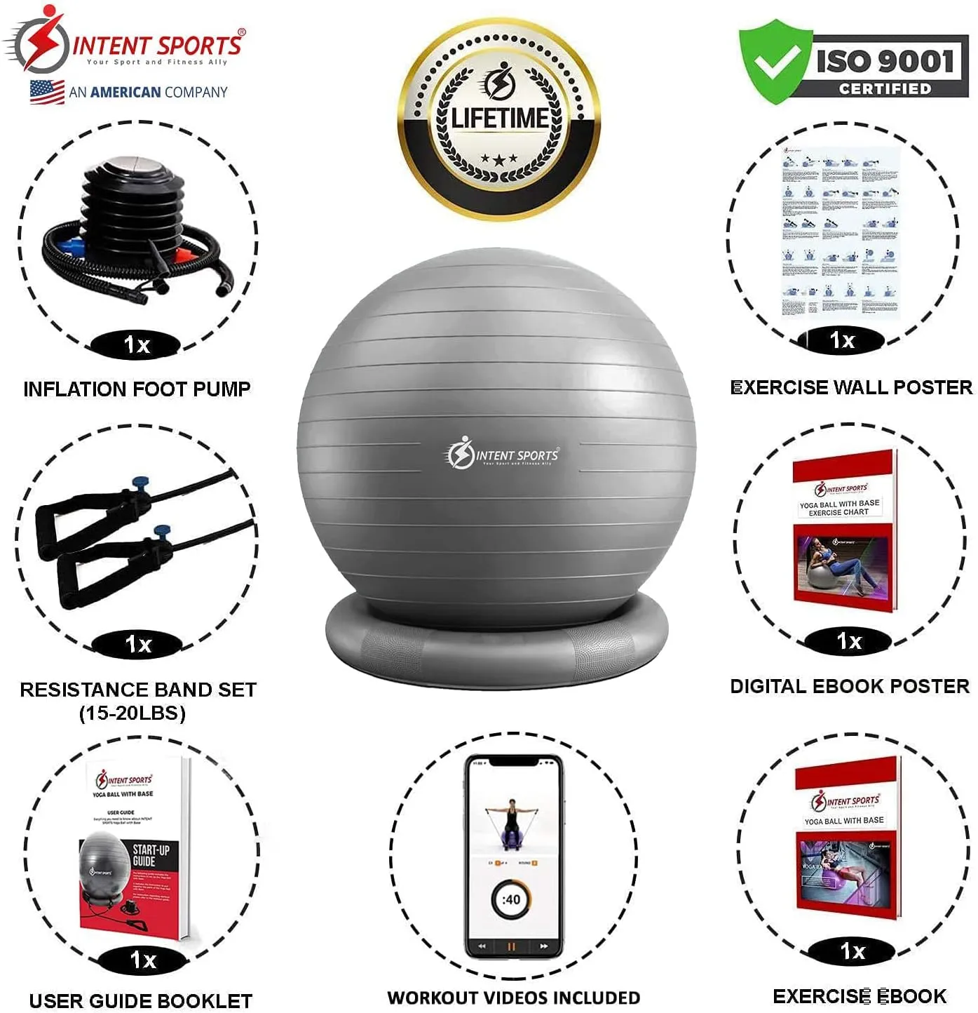 INTENT SPORTS Yoga Ball Chair  Stability Ball with Inflatable Stability Base & Resistance Bands, Fitness Ball for Home Gym, Office, Improves Back Pain, Core, Posture & Balance (65 Cm)