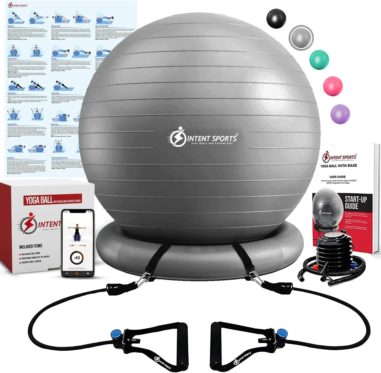 INTENT SPORTS Yoga Ball Chair  Stability Ball with Inflatable Stability Base & Resistance Bands, Fitness Ball for Home Gym, Office, Improves Back Pain, Core, Posture & Balance (65 Cm)