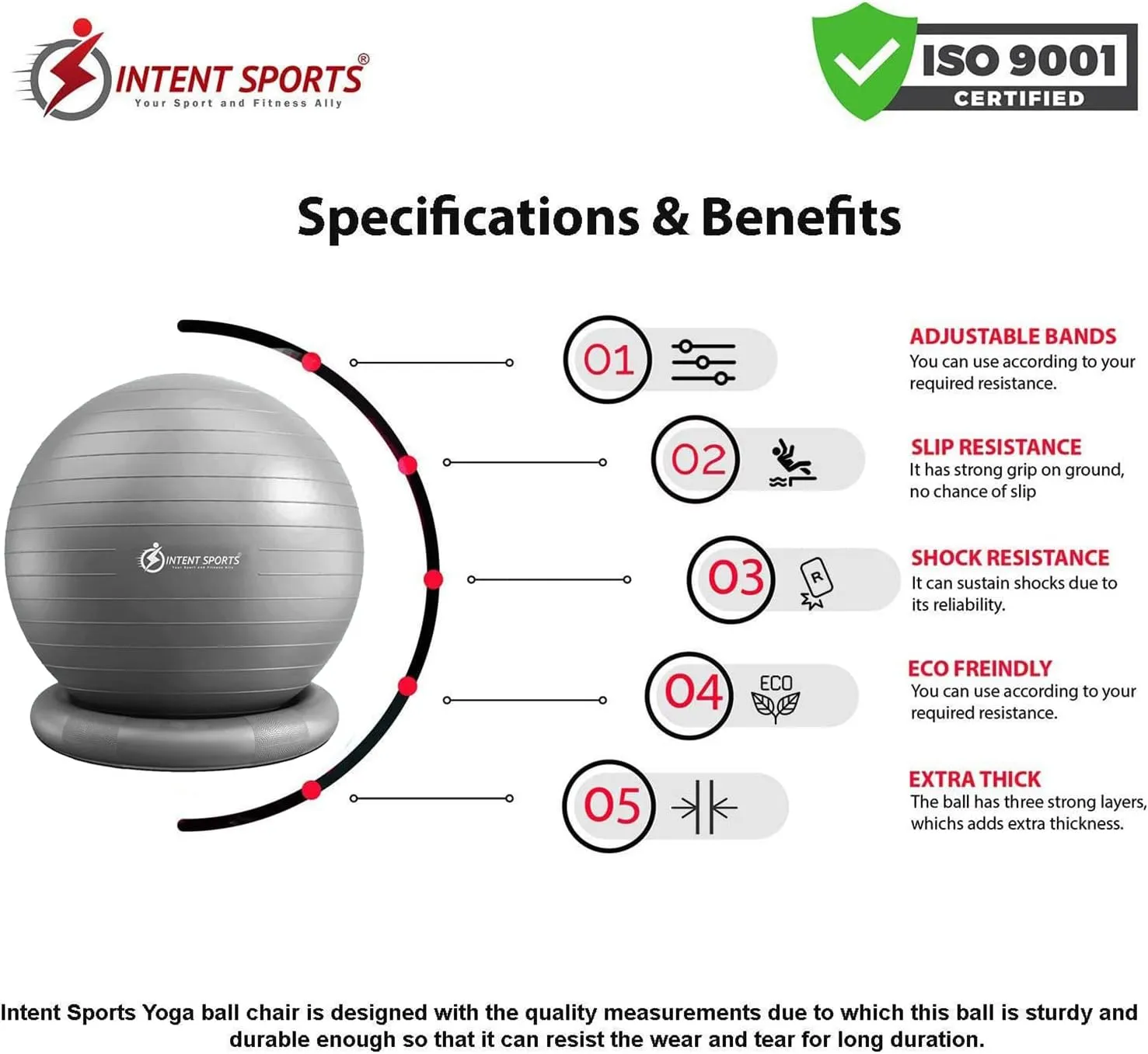 INTENT SPORTS Yoga Ball Chair  Stability Ball with Inflatable Stability Base & Resistance Bands, Fitness Ball for Home Gym, Office, Improves Back Pain, Core, Posture & Balance (65 Cm)