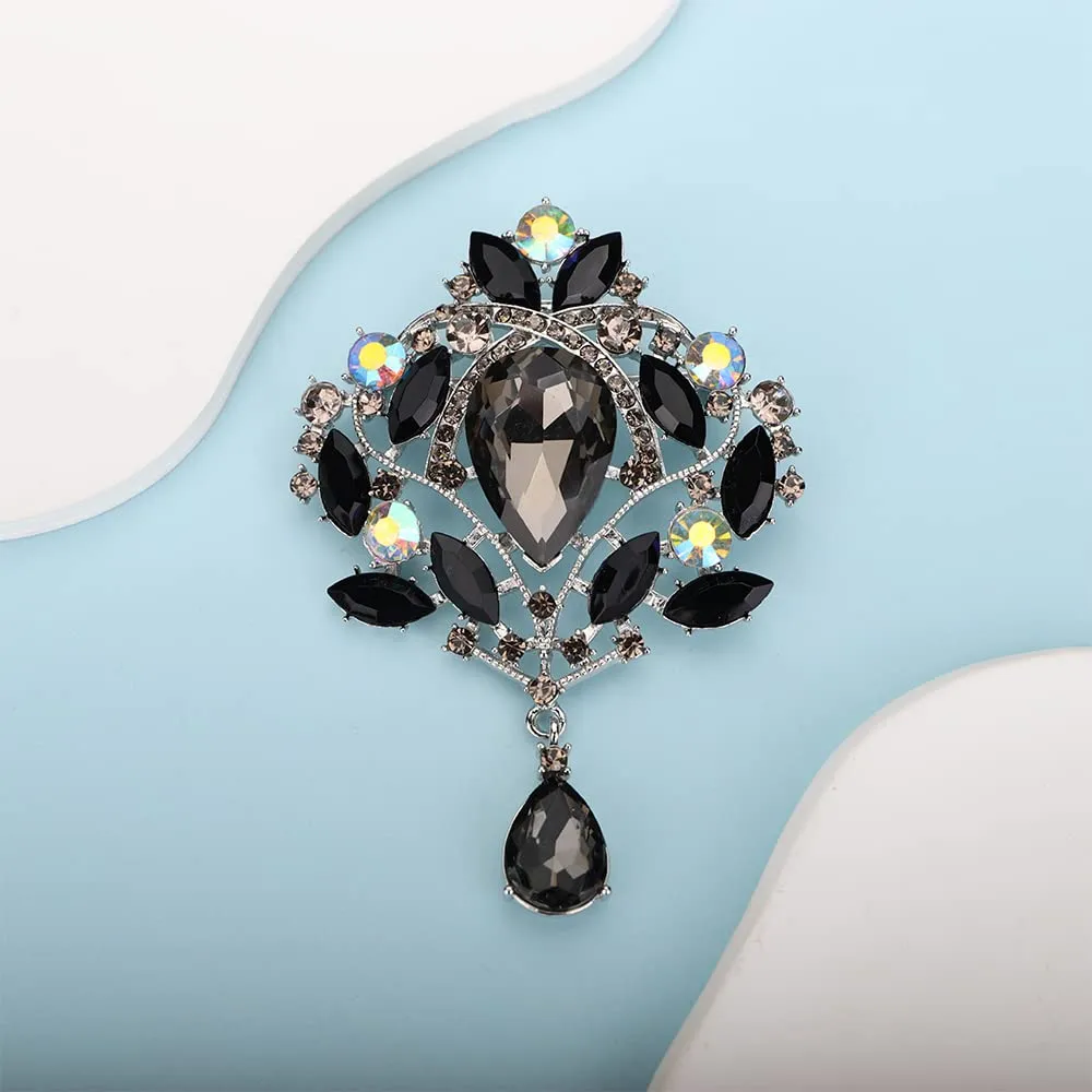 Kercisbeauty Bouquet Black Crystal Brooch for Suit Dress Unisex Teardrop Large Brooches Pin for Women Men Special Occasion (Silver, Black)