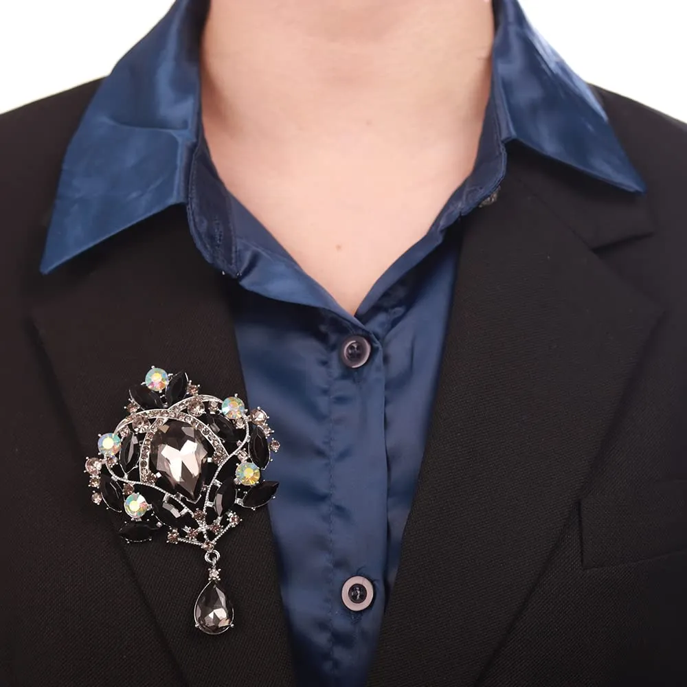 Kercisbeauty Bouquet Black Crystal Brooch for Suit Dress Unisex Teardrop Large Brooches Pin for Women Men Special Occasion (Silver, Black)