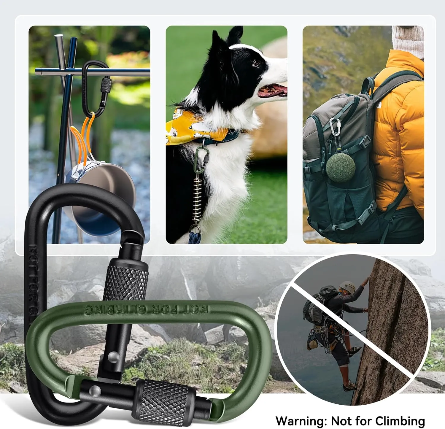 Locking Carabiner Clips & D-Ring Key Hooks 12KN, 7075 Aircraft Aluminum Heavy Duty Rust-Resistant 3/8PCS for Camping, Hiking, Backpacking, Dog Leash, Travel Accessories