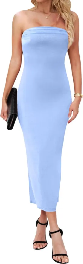 MANER Women's Strapless Bodycon Maxi Tube Dress Ribbed Elegant Casual Long Party Dresses
