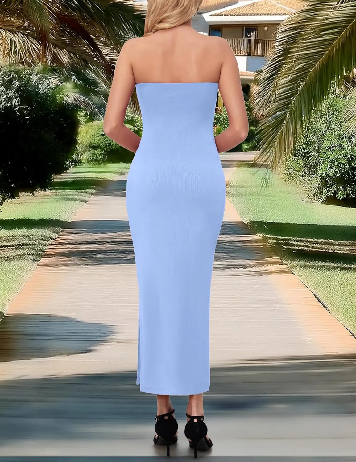MANER Women's Strapless Bodycon Maxi Tube Dress Ribbed Elegant Casual Long Party Dresses