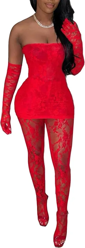 Mojessy 2 Piece Outfits for Women Sexy Lace Tube Mini Dress Top with Stockings Legging Set Birthday Outfits