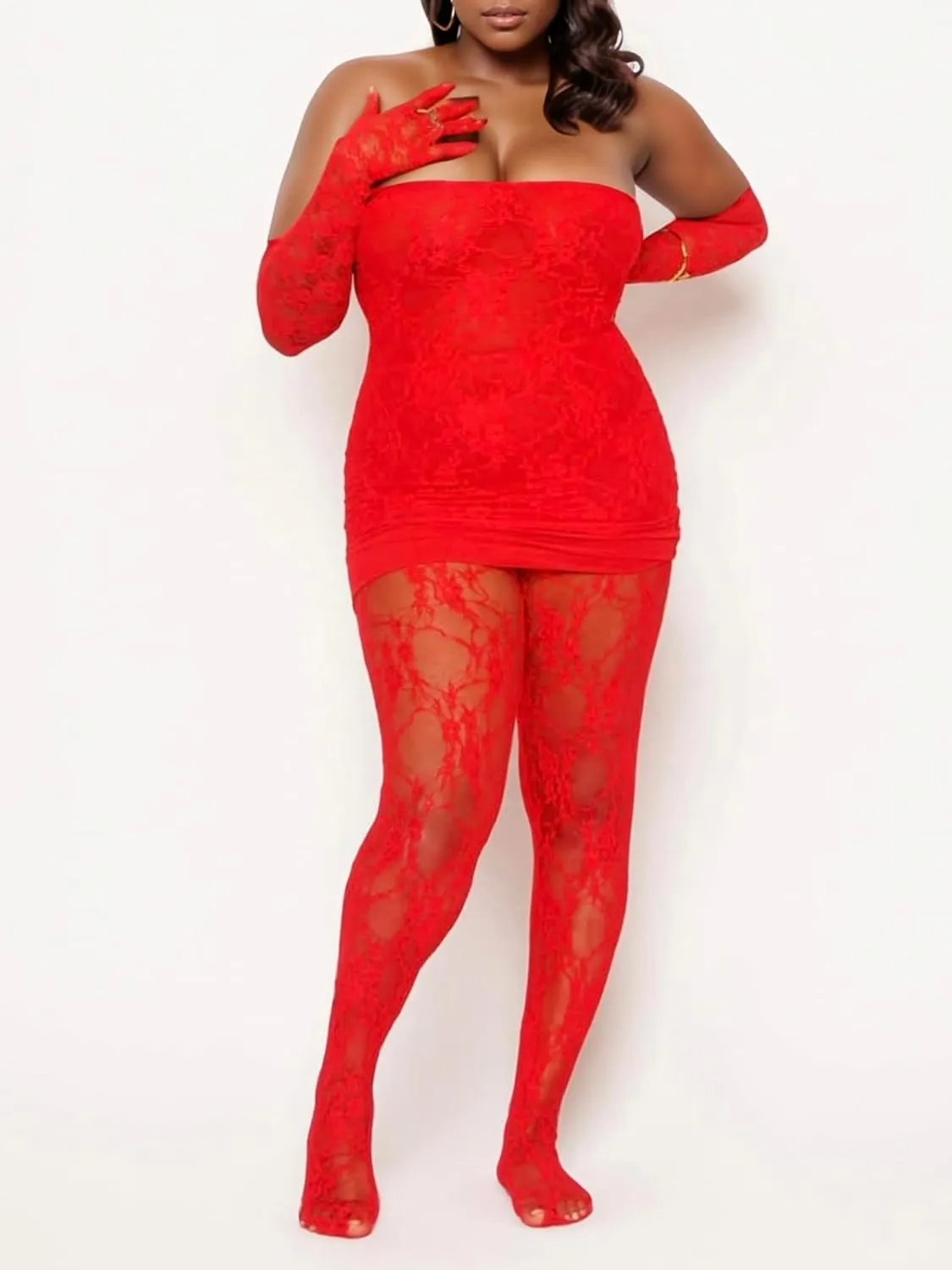 Mojessy 2 Piece Outfits for Women Sexy Lace Tube Mini Dress Top with Stockings Legging Set Birthday Outfits
