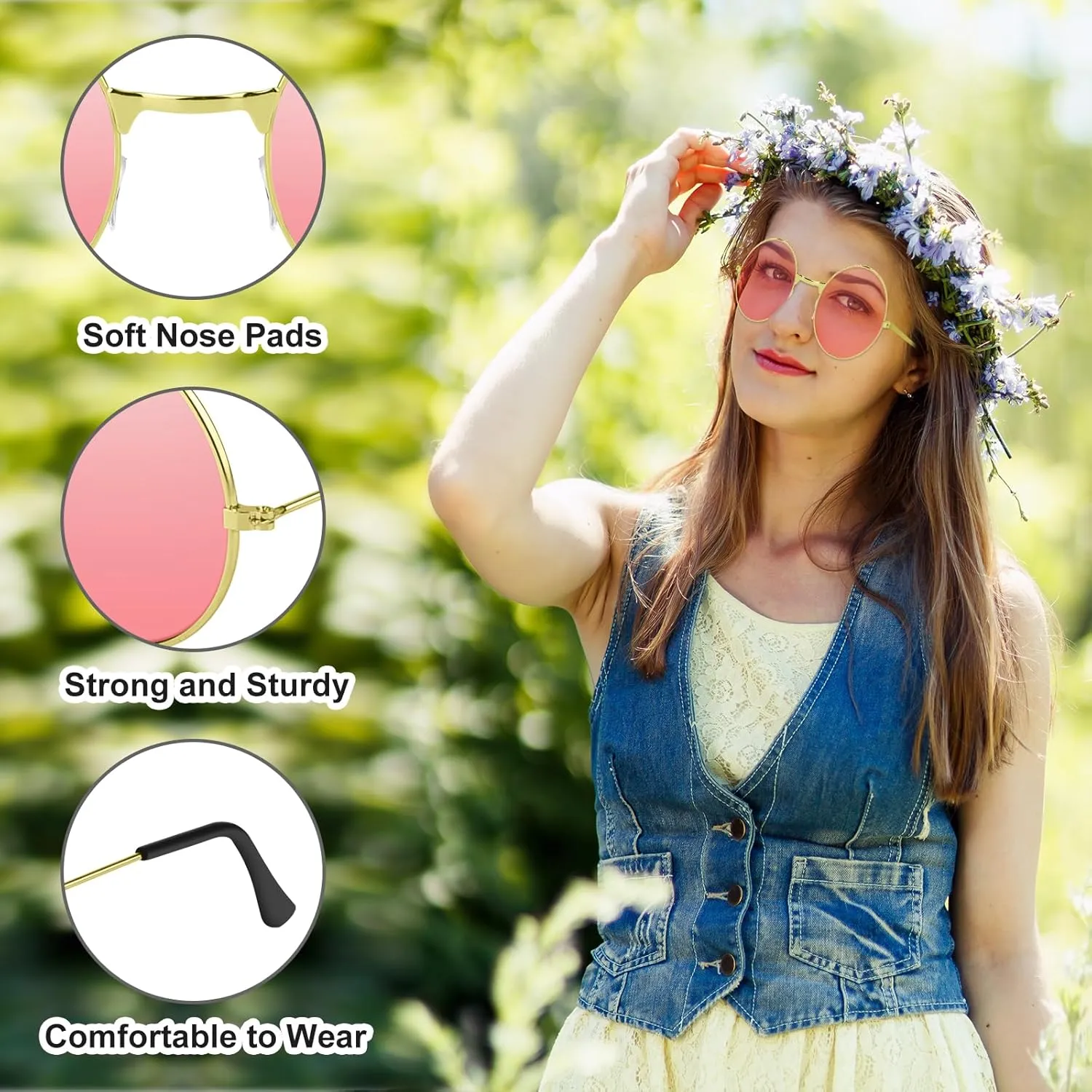 NEBURORA Round Hippie Sunglasses Metal Frame Colored Circle Glasses for Women Men 70s Retro Disco Party Accessory