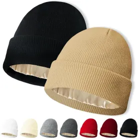 NPQQUAN 2 PCS Satin Lined Beanie for Women Silk Lined Beanies Winter Warm Soft Lining Cuffed Knit Beanie Hats for Woman
