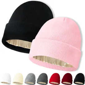 NPQQUAN 2 PCS Satin Lined Beanie for Women Silk Lined Beanies Winter Warm Soft Lining Cuffed Knit Beanie Hats for Woman