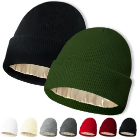 NPQQUAN 2 PCS Satin Lined Beanie for Women Silk Lined Beanies Winter Warm Soft Lining Cuffed Knit Beanie Hats for Woman