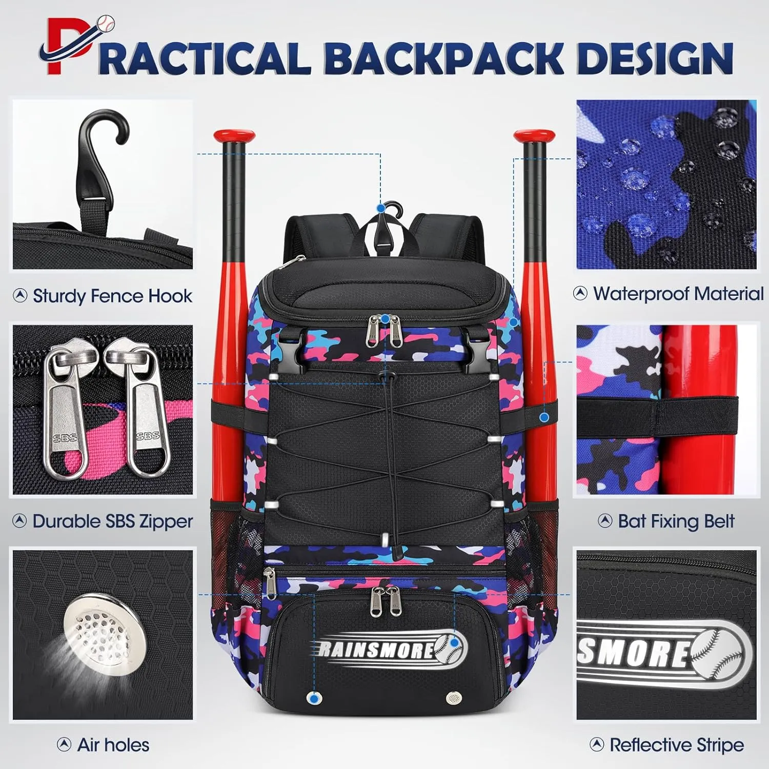 RAINSMORE Baseball Bag for Youth & Adult Lightweight Softball Bat Bag with Shoe Compartment, External Helmet Holder and Fence Hook Waterproof Baseball Backpack Hold T-Ball, Bat and Softball Equipment