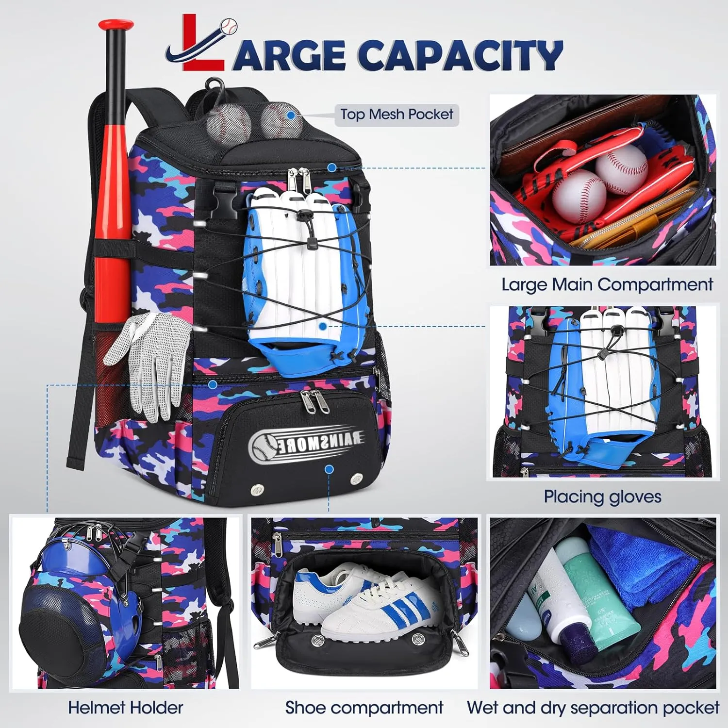 RAINSMORE Baseball Bag for Youth & Adult Lightweight Softball Bat Bag with Shoe Compartment, External Helmet Holder and Fence Hook Waterproof Baseball Backpack Hold T-Ball, Bat and Softball Equipment