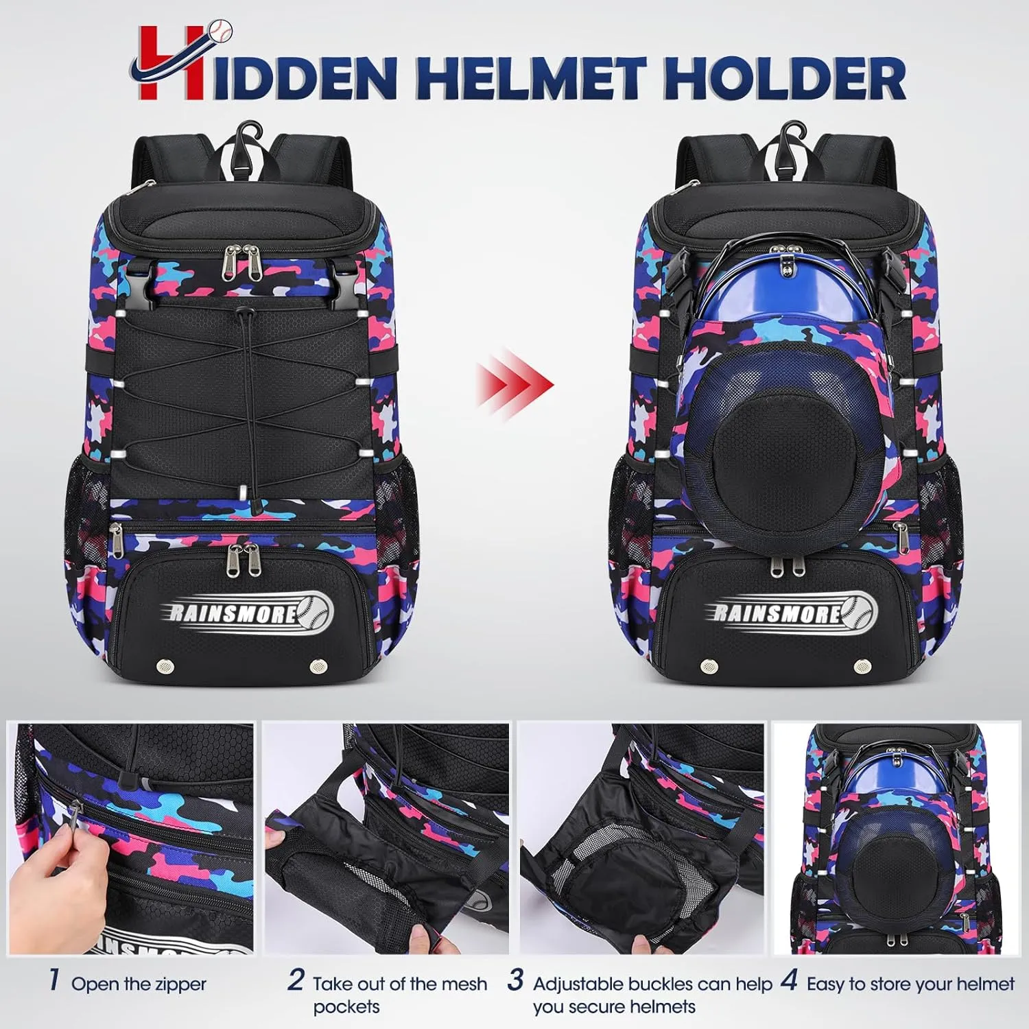 RAINSMORE Baseball Bag for Youth & Adult Lightweight Softball Bat Bag with Shoe Compartment, External Helmet Holder and Fence Hook Waterproof Baseball Backpack Hold T-Ball, Bat and Softball Equipment