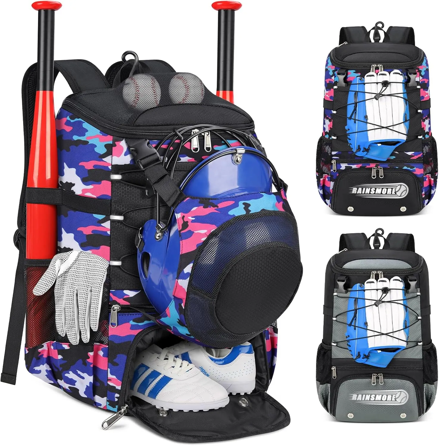 RAINSMORE Baseball Bag for Youth & Adult Lightweight Softball Bat Bag with Shoe Compartment, External Helmet Holder and Fence Hook Waterproof Baseball Backpack Hold T-Ball, Bat and Softball Equipment