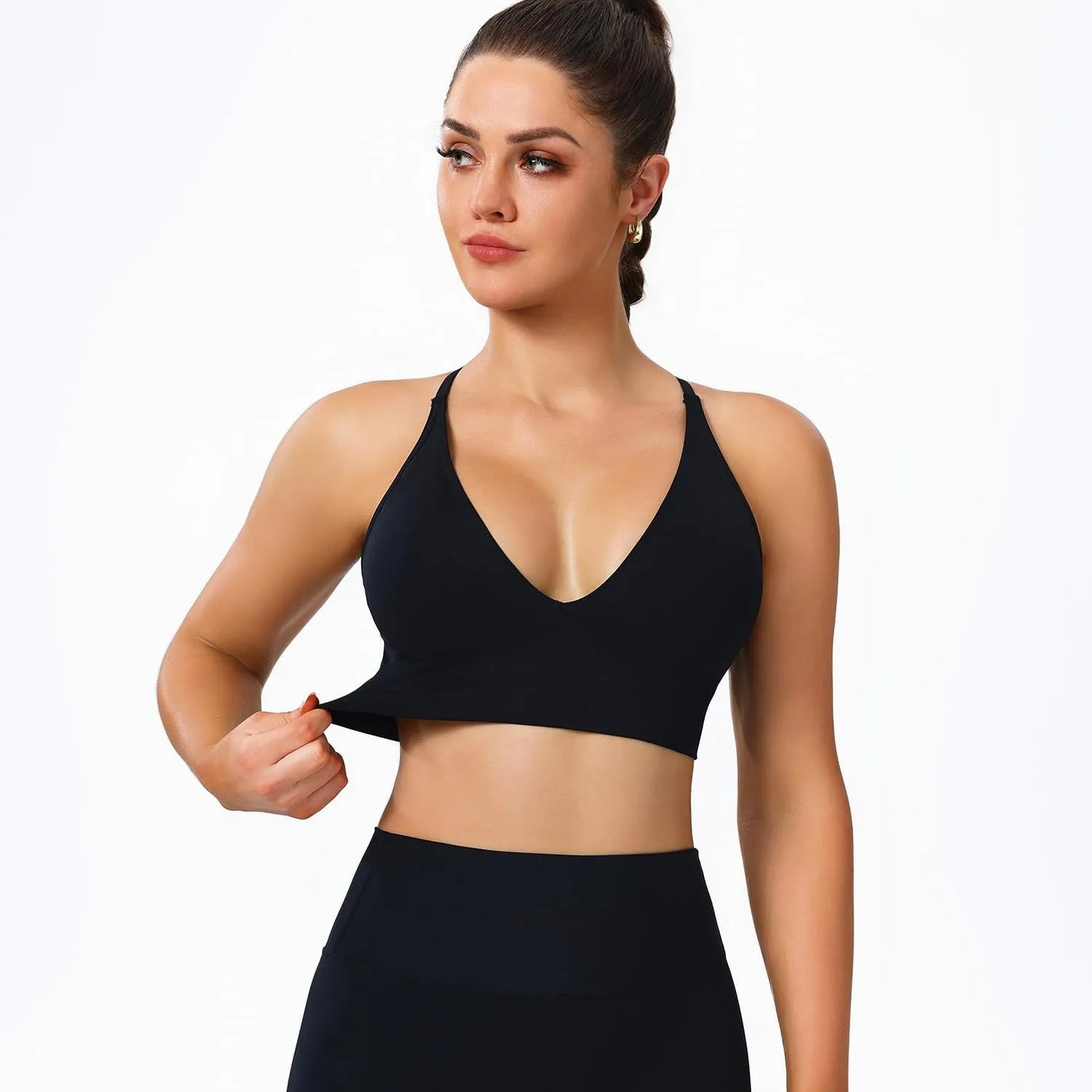 Sports Bras for Women Padded Adjustable Deep V Neck Bra Seamless Spaghetti Strap Criss Cross Light Impact Yoga Bras