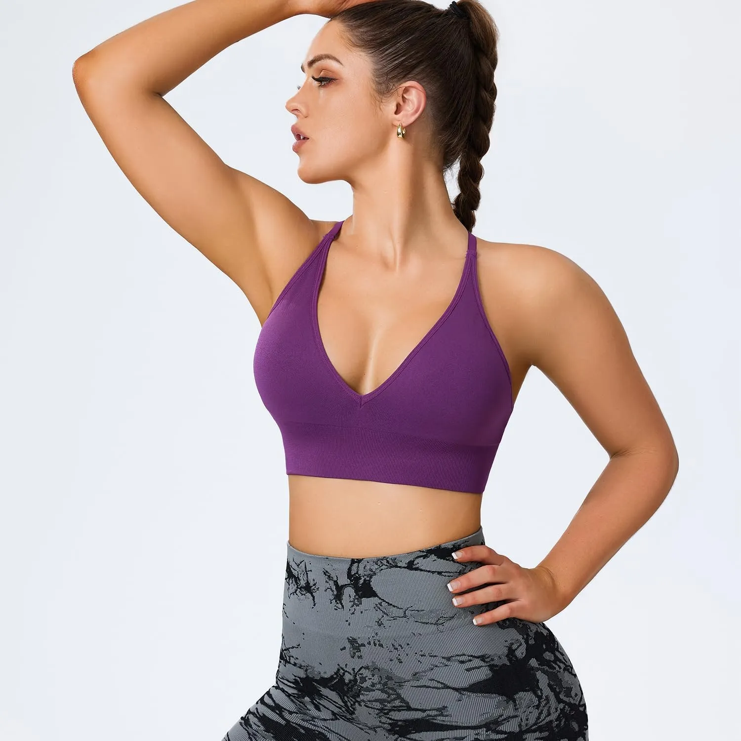 Sports Bras for Women Padded Adjustable Deep V Neck Bra Seamless Spaghetti Strap Criss Cross Light Impact Yoga Bras