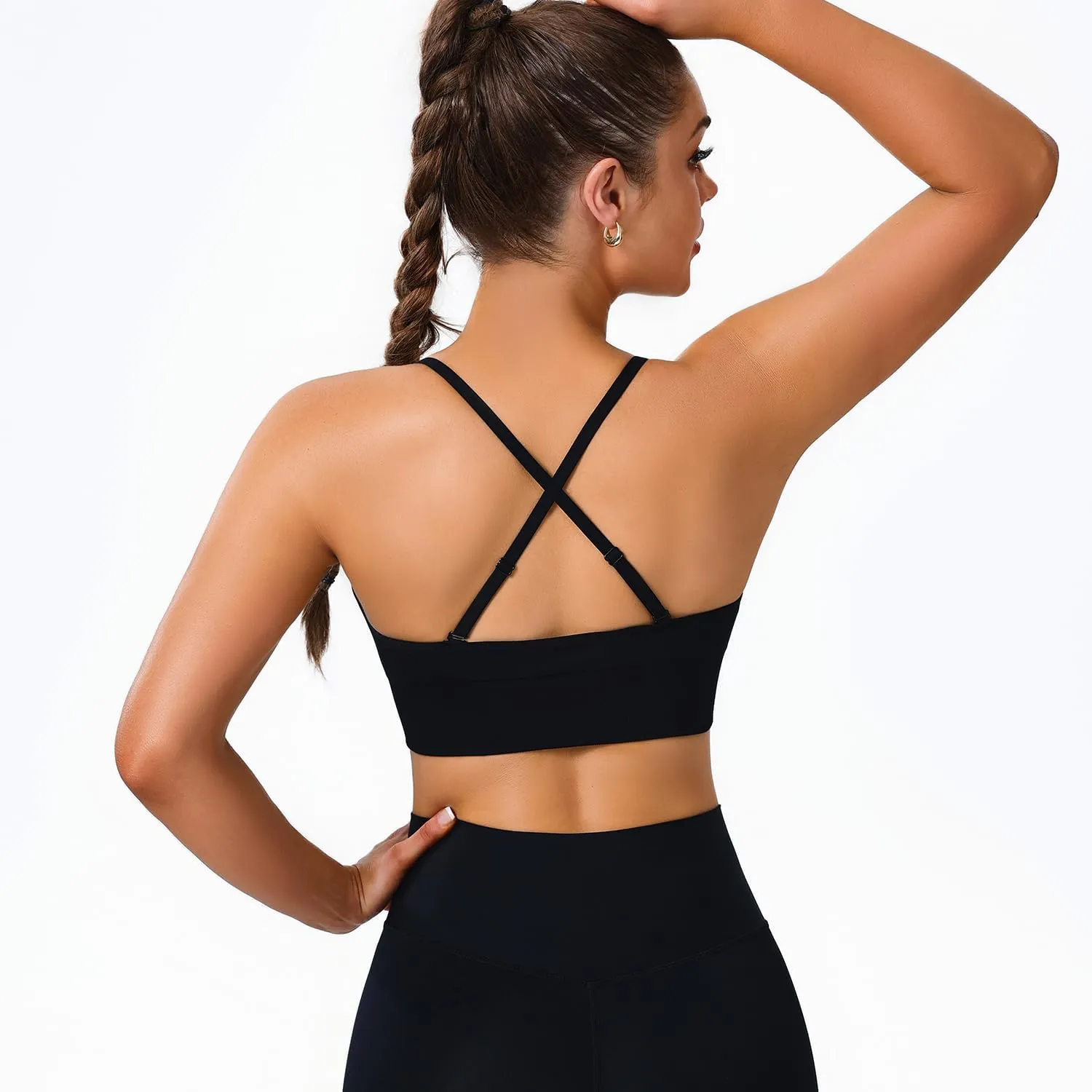 Sports Bras for Women Padded Adjustable Deep V Neck Bra Seamless Spaghetti Strap Criss Cross Light Impact Yoga Bras