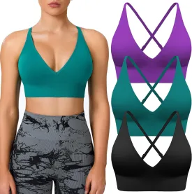 Sports Bras for Women Padded Adjustable Deep V Neck Bra Seamless Spaghetti Strap Criss Cross Light Impact Yoga Bras