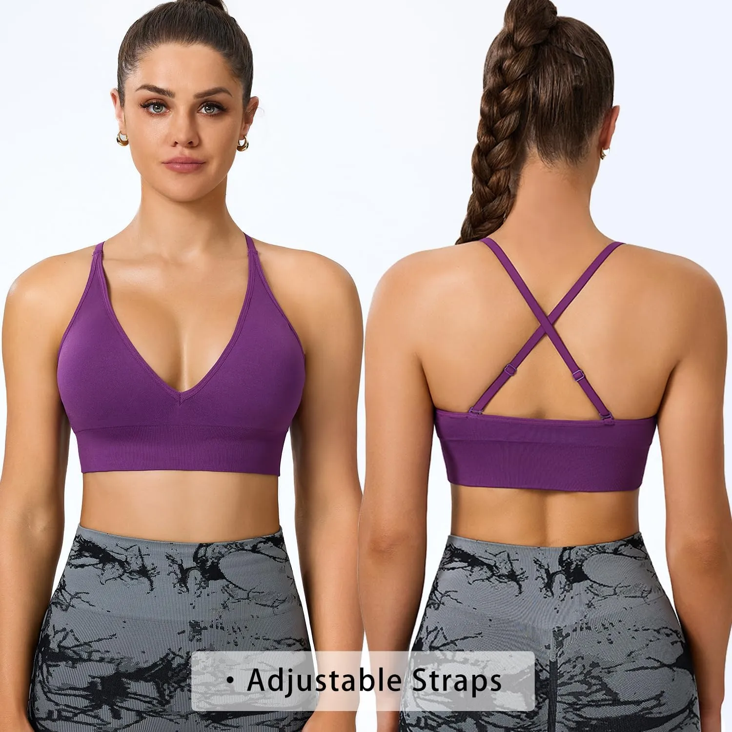 Sports Bras for Women Padded Adjustable Deep V Neck Bra Seamless Spaghetti Strap Criss Cross Light Impact Yoga Bras