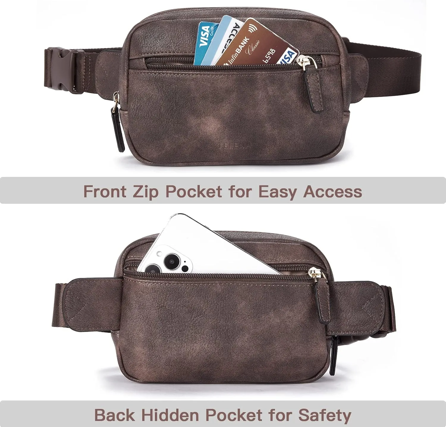 Telena Belt Bag for Women PU Leather Fanny Pack Crossbody Bags for Women Waist Bag with Adjustable Strap, Coffee