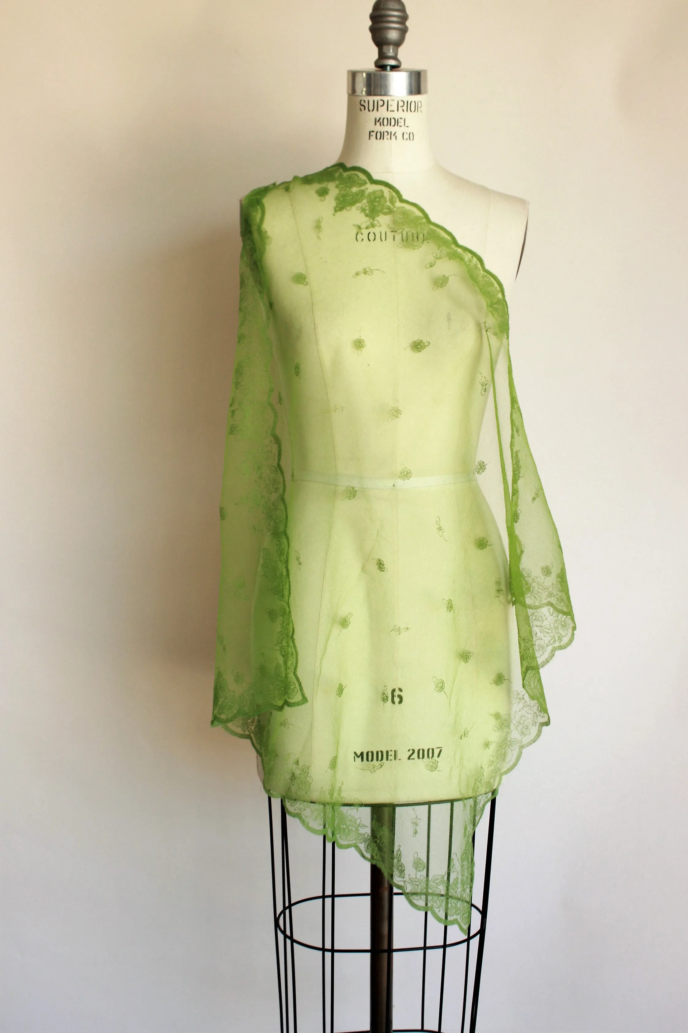 Vintage 1950s 1960s Green Scarf with Floral Pattern