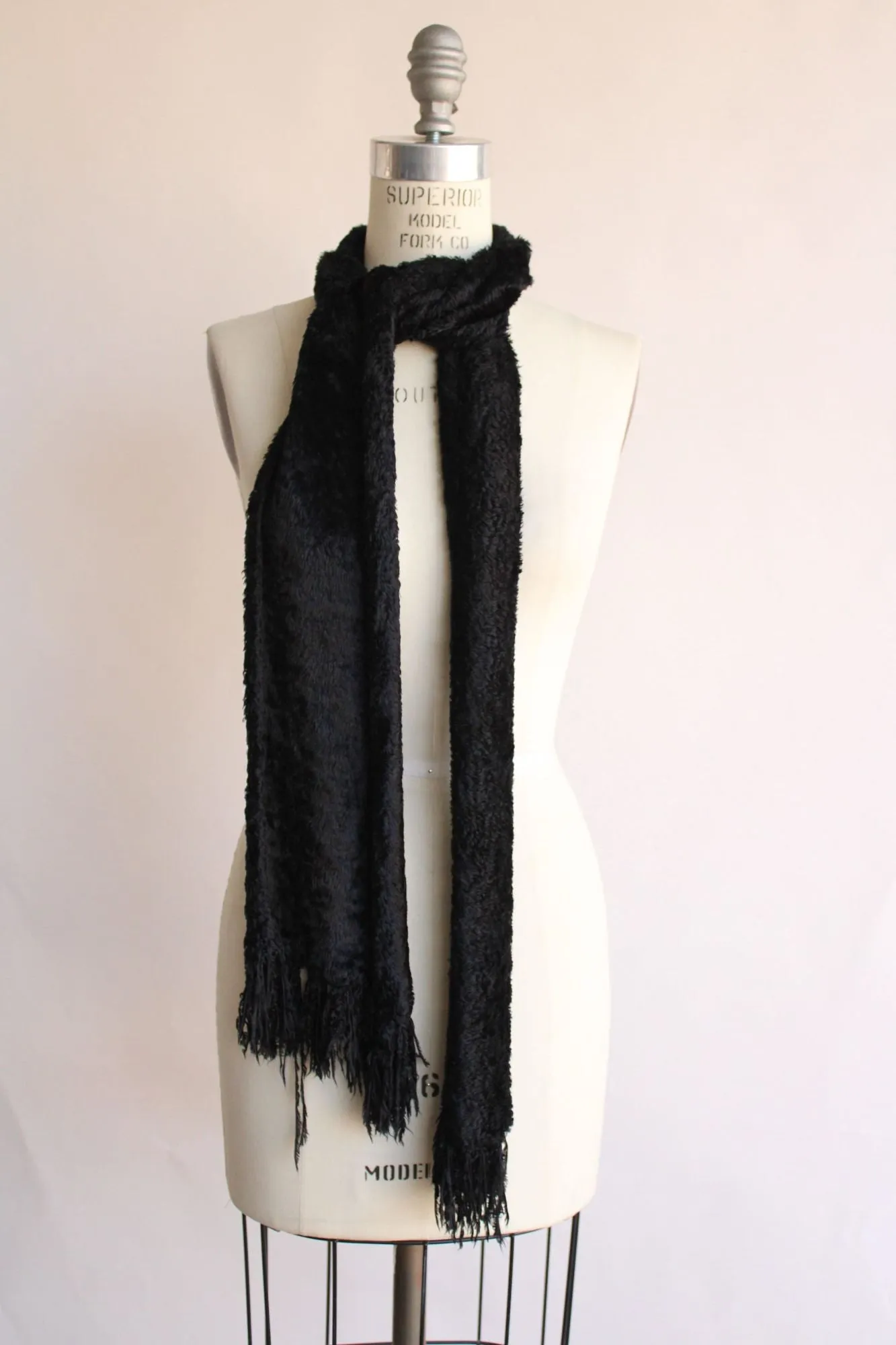 Vintage 1990s Black Velvety Scarf with Fringe