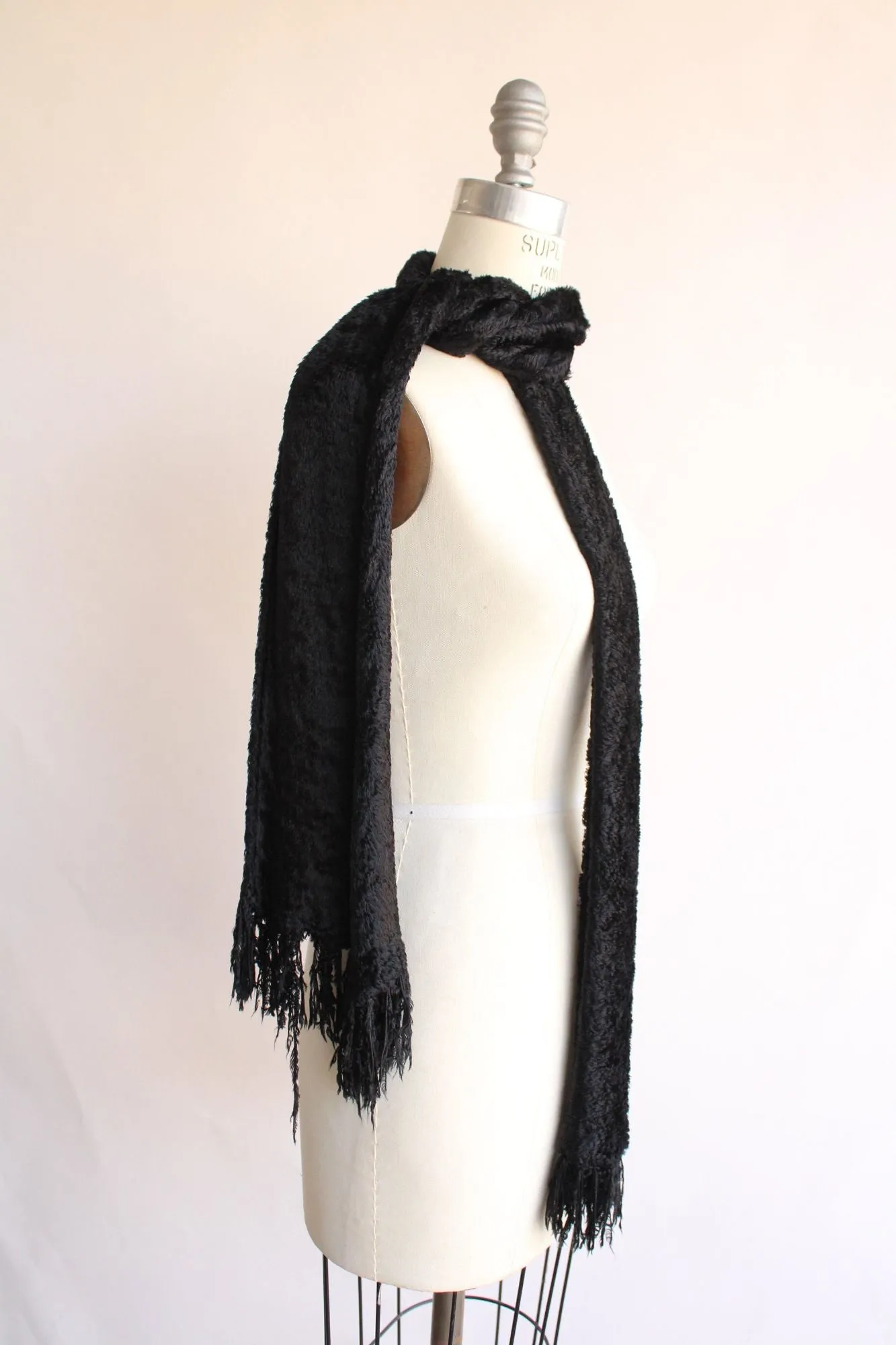 Vintage 1990s Black Velvety Scarf with Fringe