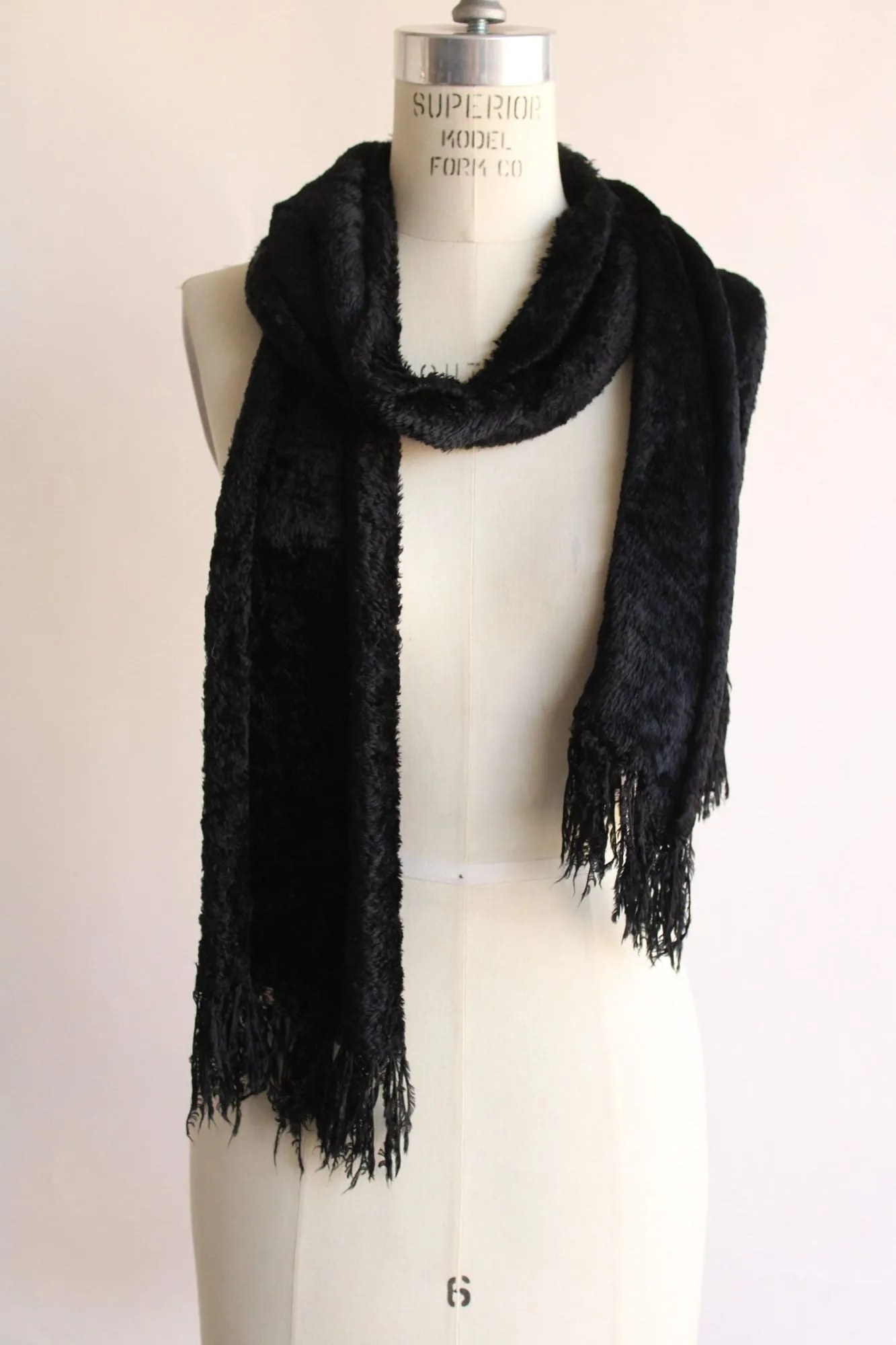 Vintage 1990s Black Velvety Scarf with Fringe