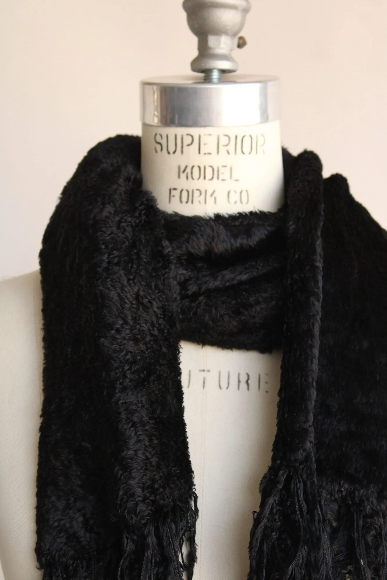 Vintage 1990s Black Velvety Scarf with Fringe
