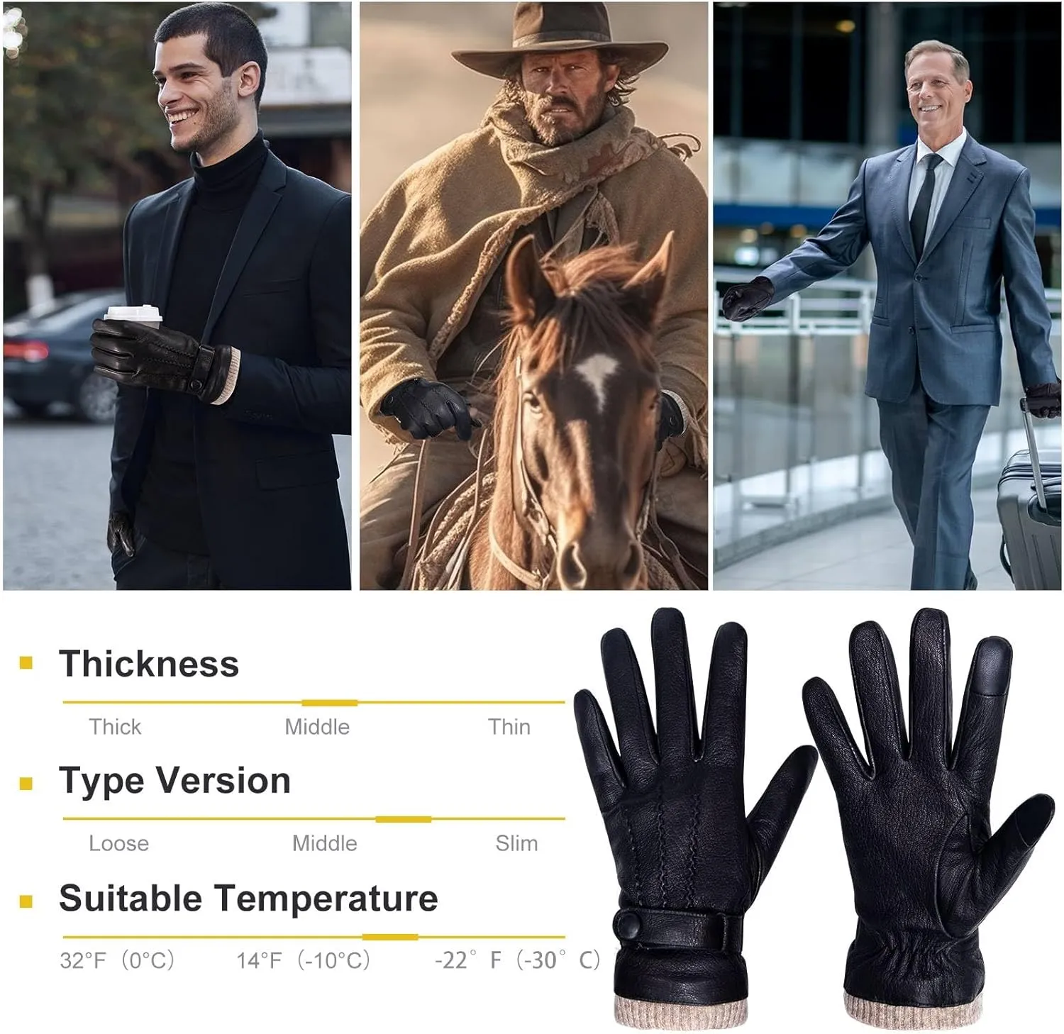 Winter Gloves for Men: Touchscreen Windproof Thermal Sheepskin Leather Gloves Warm Wool Lined for Motorcycle Driving
