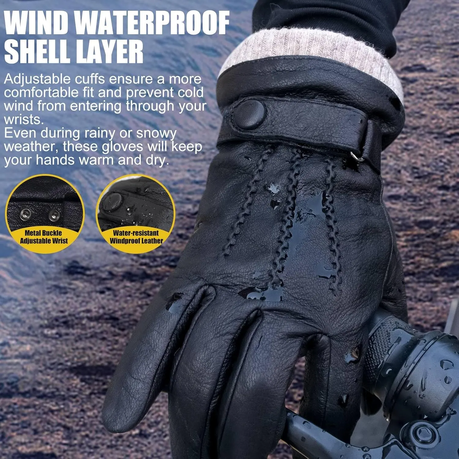 Winter Gloves for Men: Touchscreen Windproof Thermal Sheepskin Leather Gloves Warm Wool Lined for Motorcycle Driving
