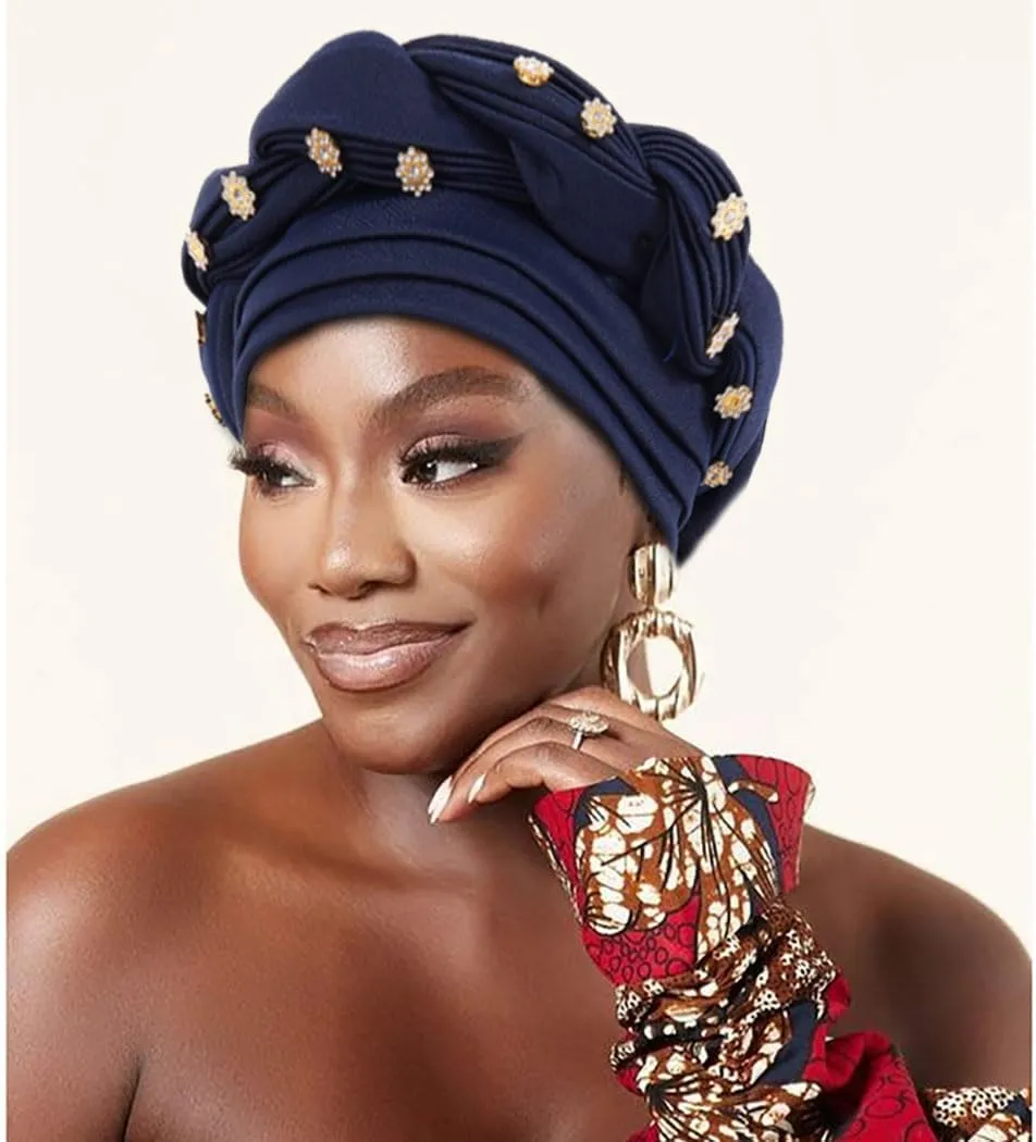 Woeoe Women African Turban Pre-Tied Twisted Beanie Cap Headwear Rhinestone Soft Stretchy Head Turbans