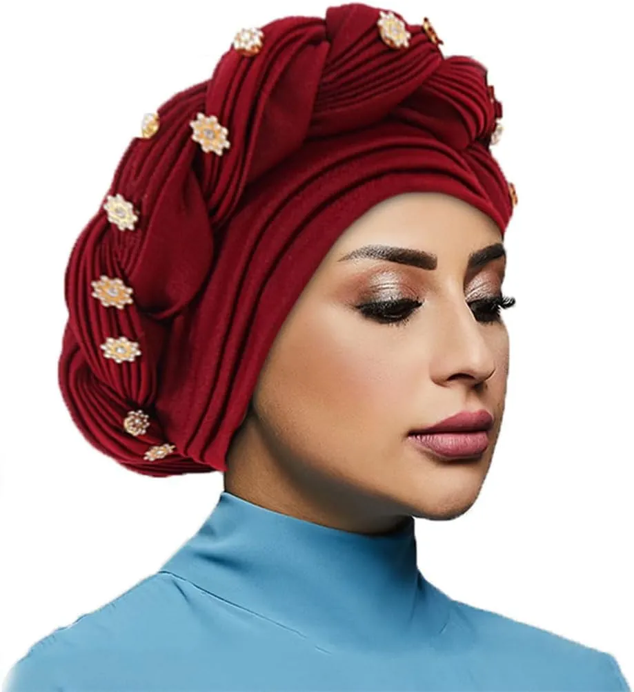 Woeoe Women African Turban Pre-Tied Twisted Beanie Cap Headwear Rhinestone Soft Stretchy Head Turbans