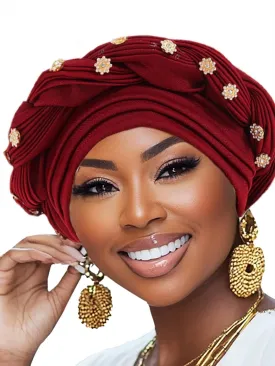 Woeoe Women African Turban Pre-Tied Twisted Beanie Cap Headwear Rhinestone Soft Stretchy Head Turbans