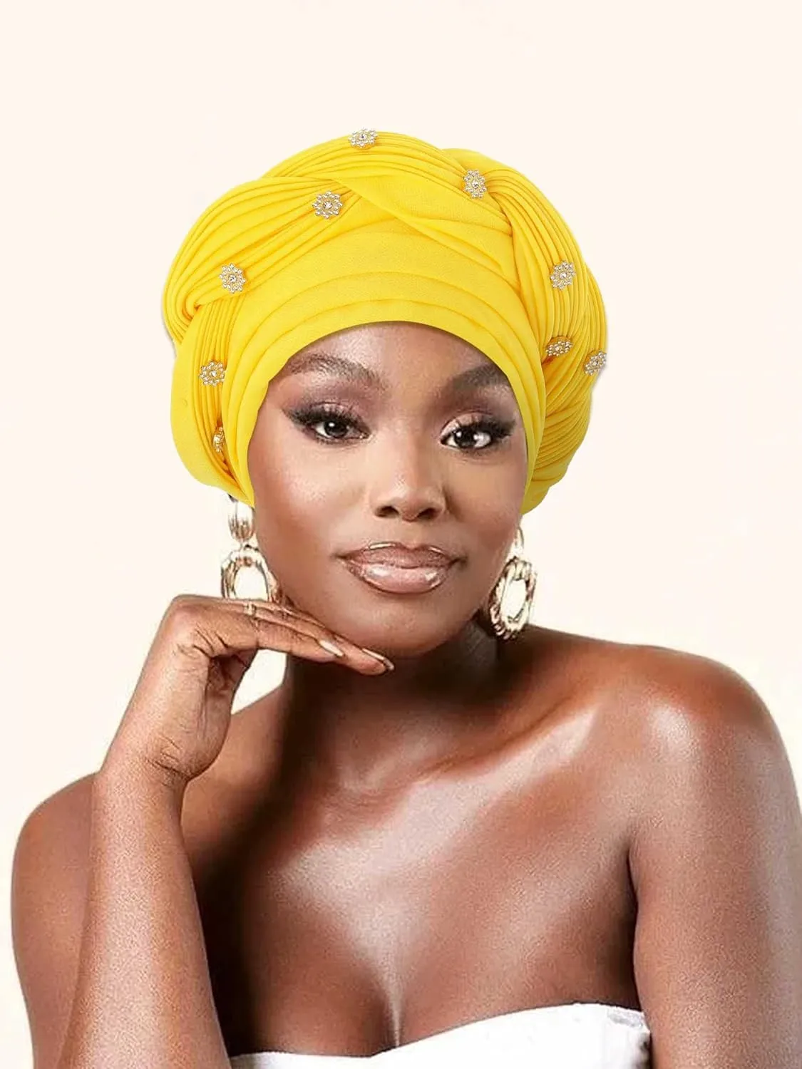 Woeoe Women African Turban Pre-Tied Twisted Beanie Cap Headwear Rhinestone Soft Stretchy Head Turbans