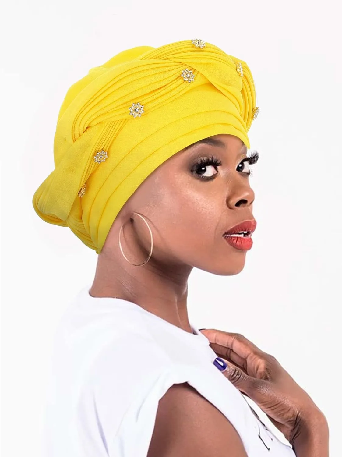 Woeoe Women African Turban Pre-Tied Twisted Beanie Cap Headwear Rhinestone Soft Stretchy Head Turbans