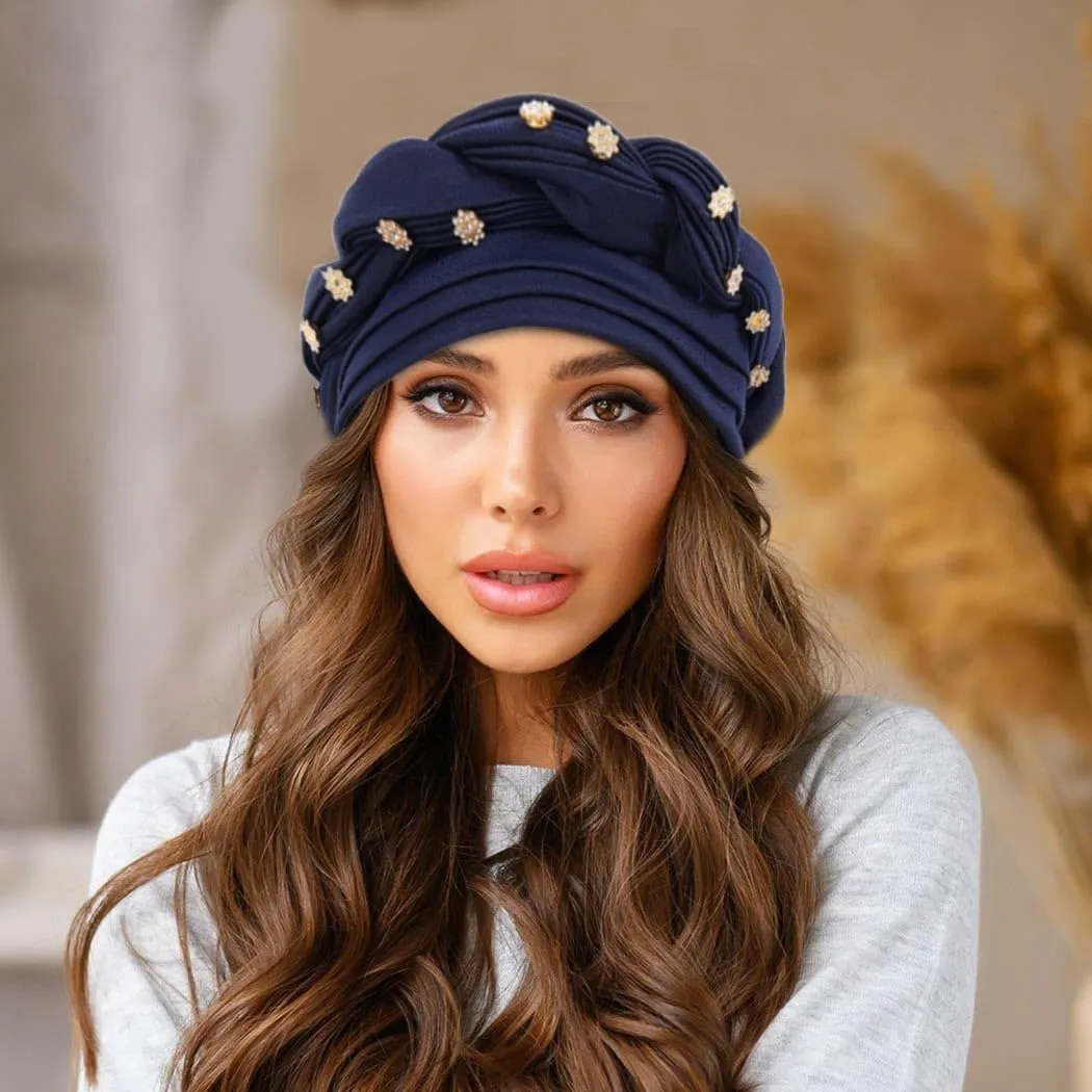 Woeoe Women African Turban Pre-Tied Twisted Beanie Cap Headwear Rhinestone Soft Stretchy Head Turbans