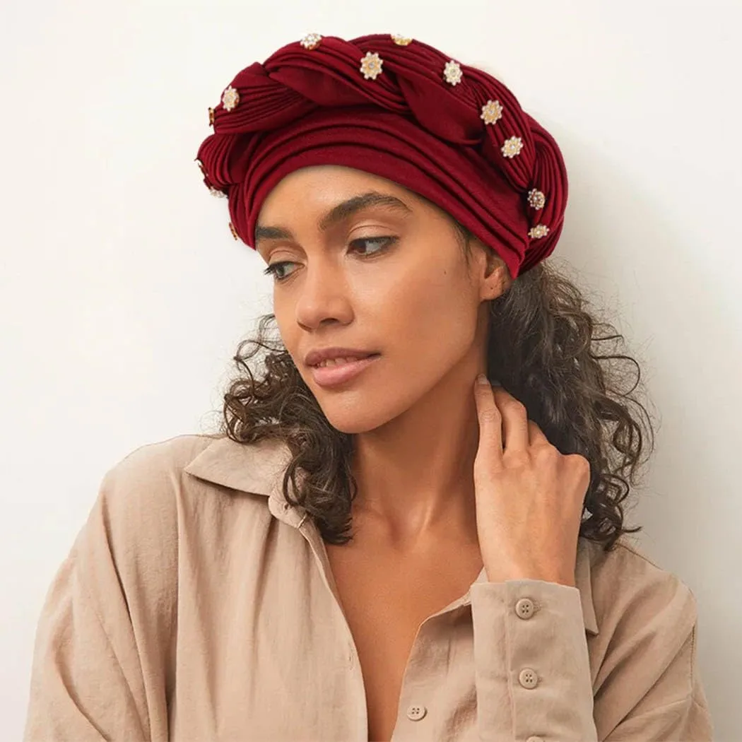 Woeoe Women African Turban Pre-Tied Twisted Beanie Cap Headwear Rhinestone Soft Stretchy Head Turbans